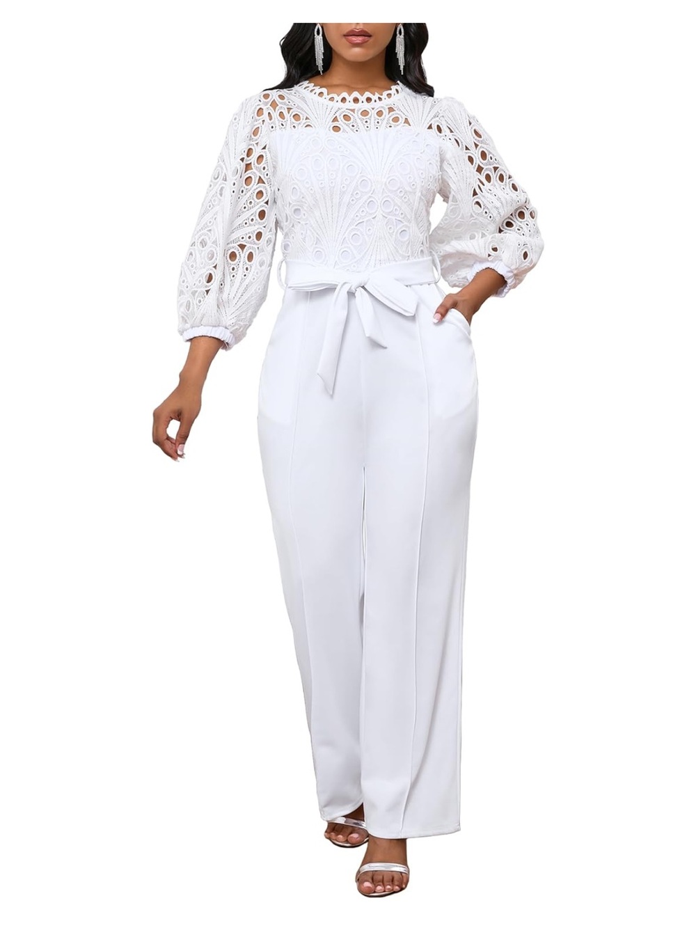 V Lace Puff Sleeve Jumpsuit with Pockets new